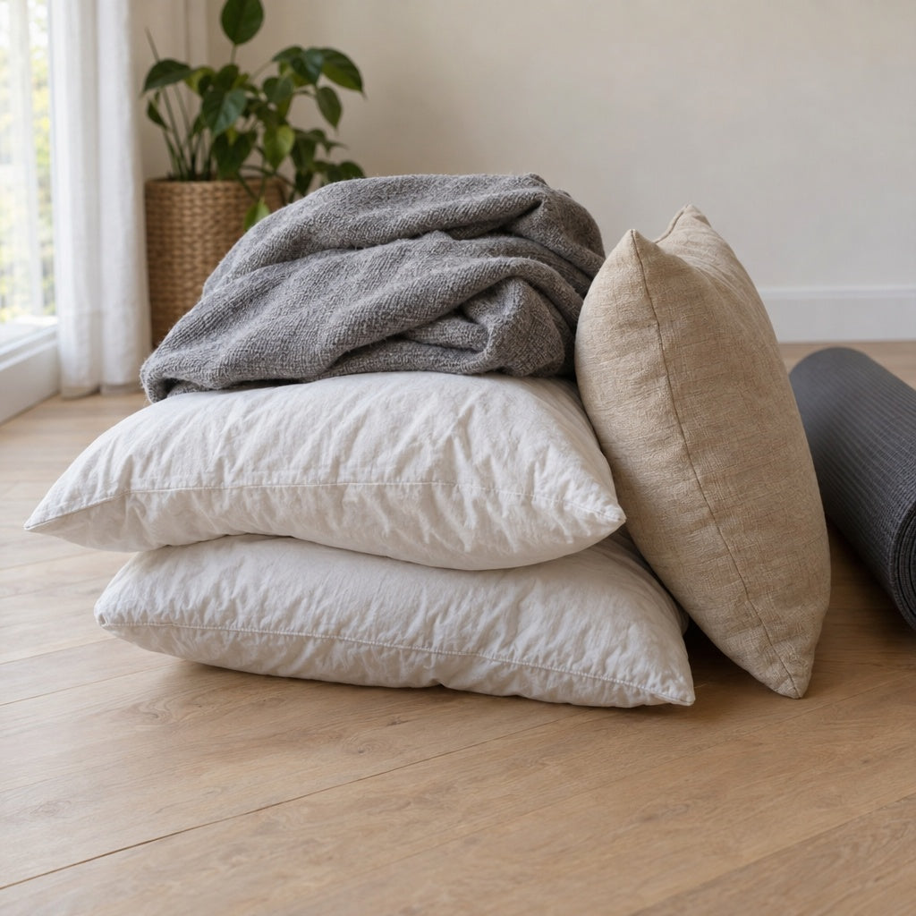 Household bed pillows, a sofa cushion and a folded blanket stacked beside a mat on a wood floor