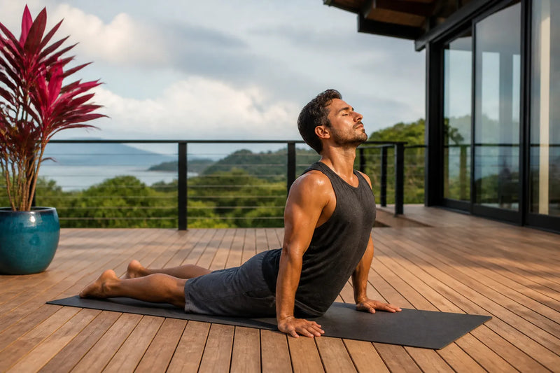 man doing cobra in outdoor deck