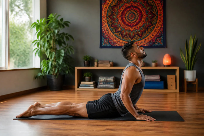man doing cobra in home practice room