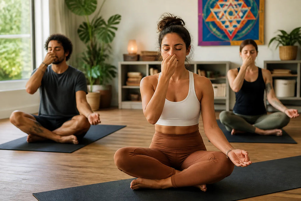 small group doing pranayama in home practice room