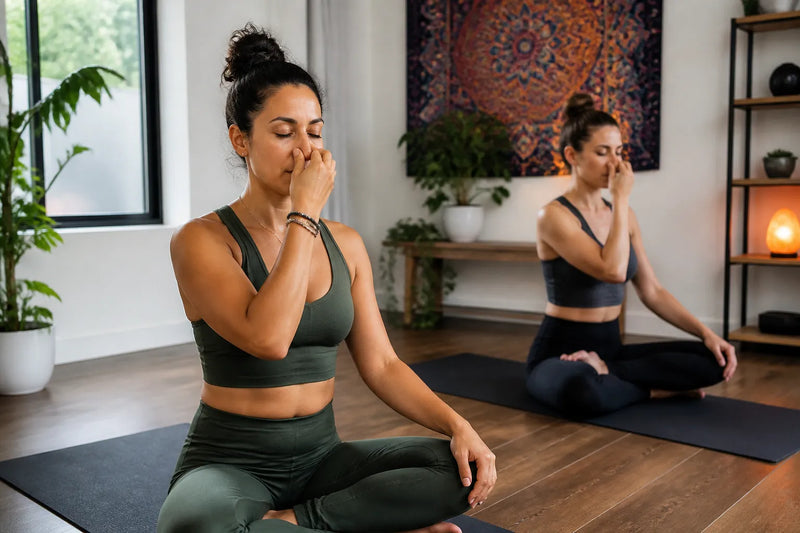 two women doing pranayama in home practice room