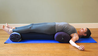 Supported Fish Pose (Matsyasana) with Standard Bolster - Plum and Blue, Mexican Blanket - Blue