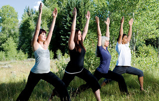 Outdoor Yoga Class in Virabhadrasana I (Warrior I Pose)