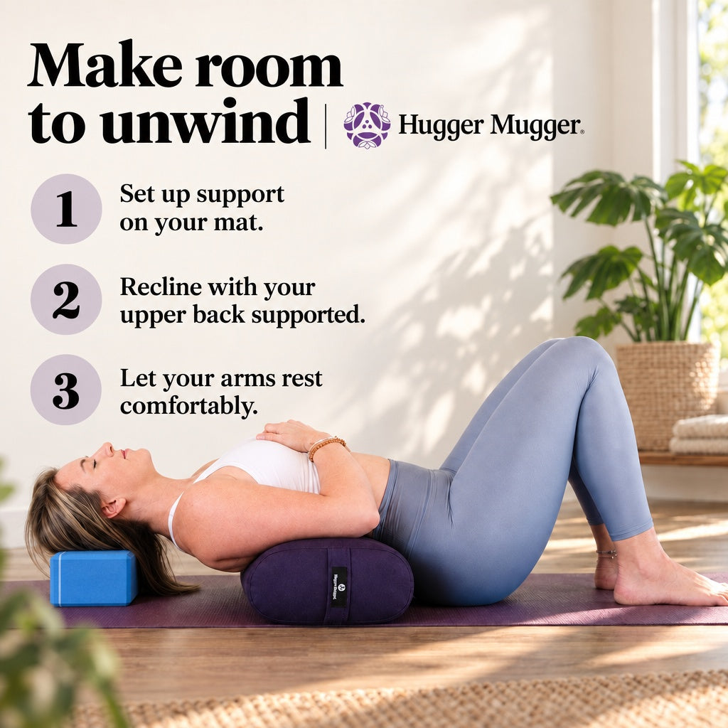 Supported recline: three steps for setting up the bolster crosswise under the upper back with a Sky Blue 4 in. foam block supporting the head