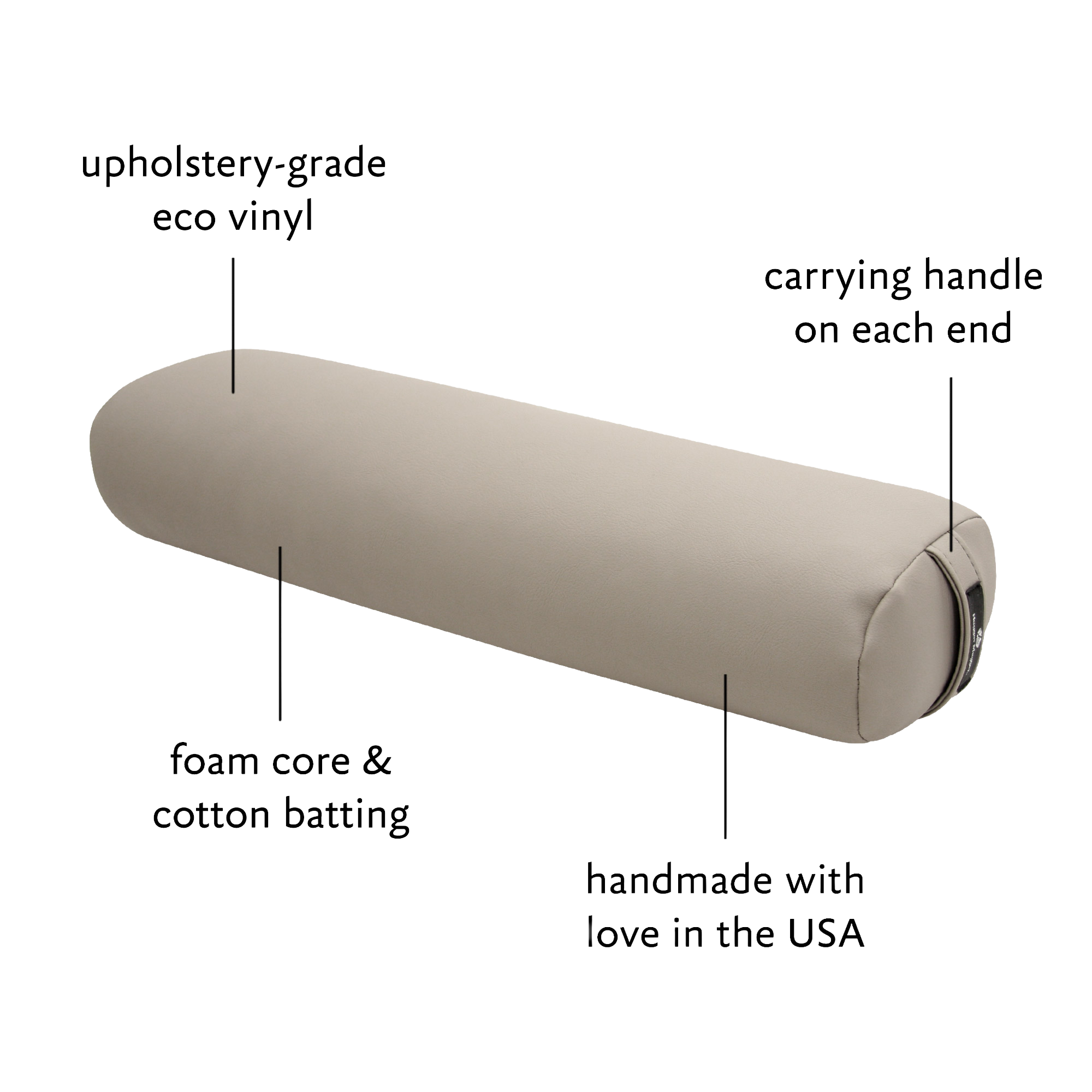 towel-core yoga bolster with gusseted design and handles, cross-section view