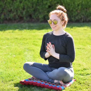 Sukhasana (Easy Pose) on Zafuko® Large Rollable Yoga & Meditation Cushion - Burgundy/Blue