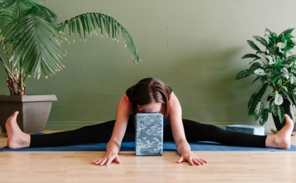 Wide Upavistha Konasana (Wide-Angled Seated Forward Bend) with Marbled Foam Yoga Block - Surf Blue
