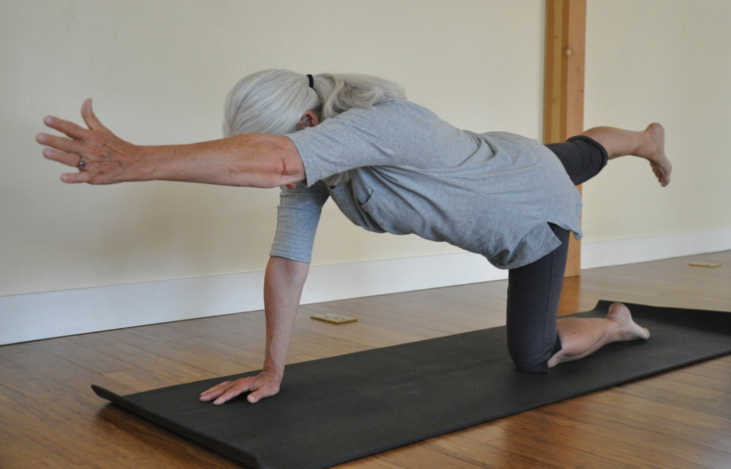 Woman in Parsva Balasana (Bird Dog Pose) Yoga Pose on Para Rubber Mat - Storm