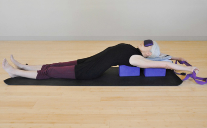 Matsyasana with Yoga Blocks, Yoga Blanket, Yoga Strap, and Silk Eye Pillow