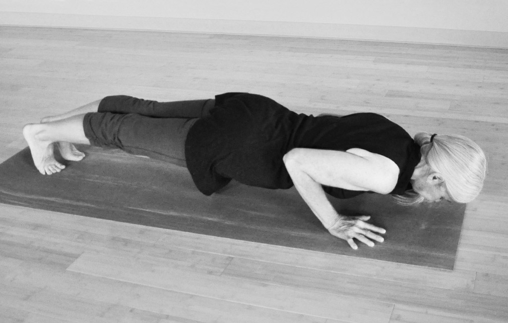 Woman doing low plank pose chaturanga dandasana ex