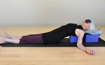 Matsyasana on Para Rubber Mat - Storm with 4 in. Foam Blocks - Purple, Silk Eye Pillow - Purple