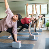 Trikonasana (Triangle Pose) with 4 in. Foam Yoga Blocks - Gray