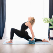 Anjaneyasana (Low Lunge) with 4 in. Marbled Foam Yoga Block - Surf Blue and Ankle-Length Yogatard