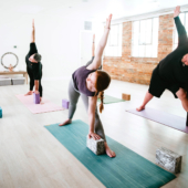 Trikonasana (Triangle Pose) with 4 in. Marbled Foam Yoga Block - Storm