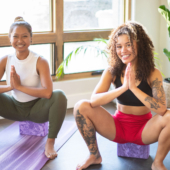 Malasana (Garland Pose) with 4 in. Marbled Foam Yoga Block - Cosmic Purple
