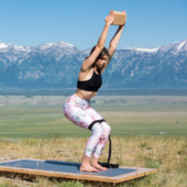 Utkatasana (Chair Pose) with Cotton D-Ring 8 ft. Yoga Strap - Black, Cork Yoga Block, Tapas Original Yoga Mat - Gray