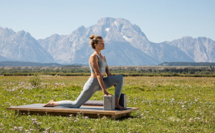 Wide Crescent Lunge with Gray 4 in. Foam Yoga Blocks