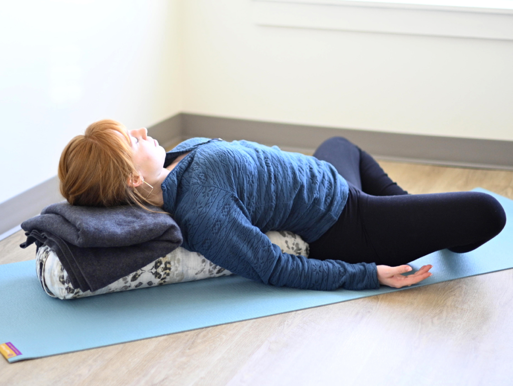 Supta Baddha Konasana with Junior Bolster - Wild Sky and Wool Blanket - Gray