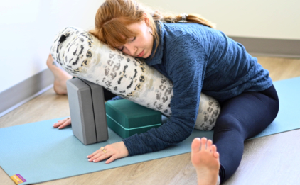 Salamba Upavista Konasana (Supported Wide-Angle Pose) with Standard Yoga Bolster - Wild Sky, 4 in. Foam Blocks - Gray, Evergreen