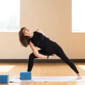 Baddha Parsvakonasana: Bound Side Angle Pose with Nature Mat - Pink Jasper & Foam Yoga Block - Blue